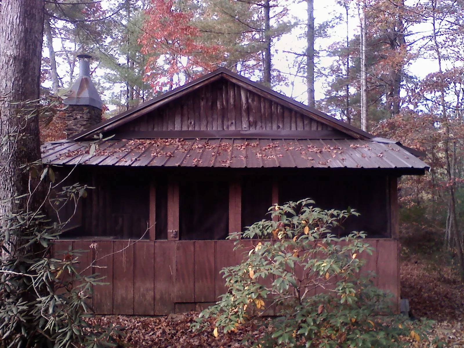 Metal roof over the screened porch of a rustic cabin in Rossiter