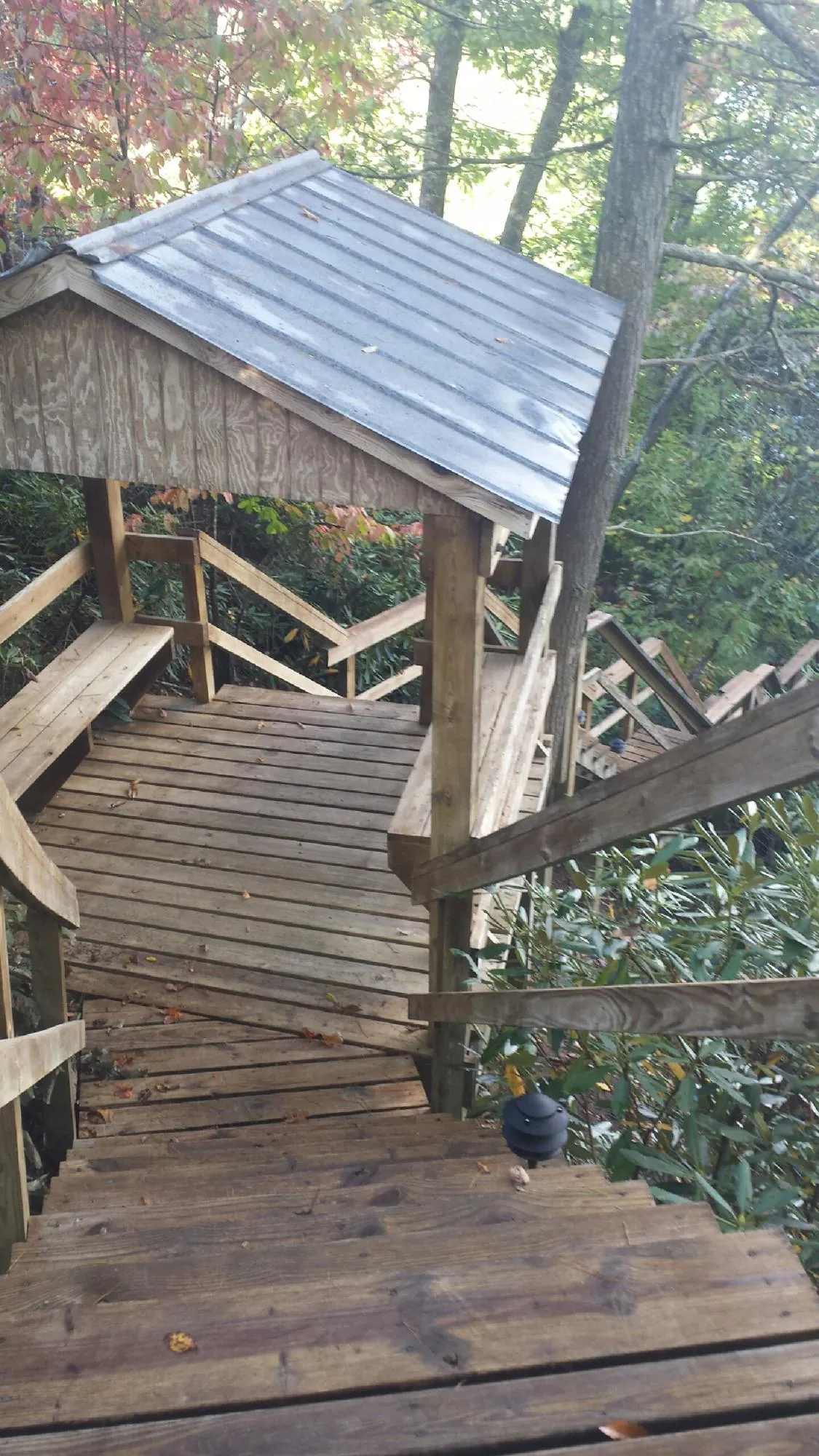 Metal roofed shelter over wooden steps on a wooded walkway — Skylight Repair & Installation work by our crew in Rossiter